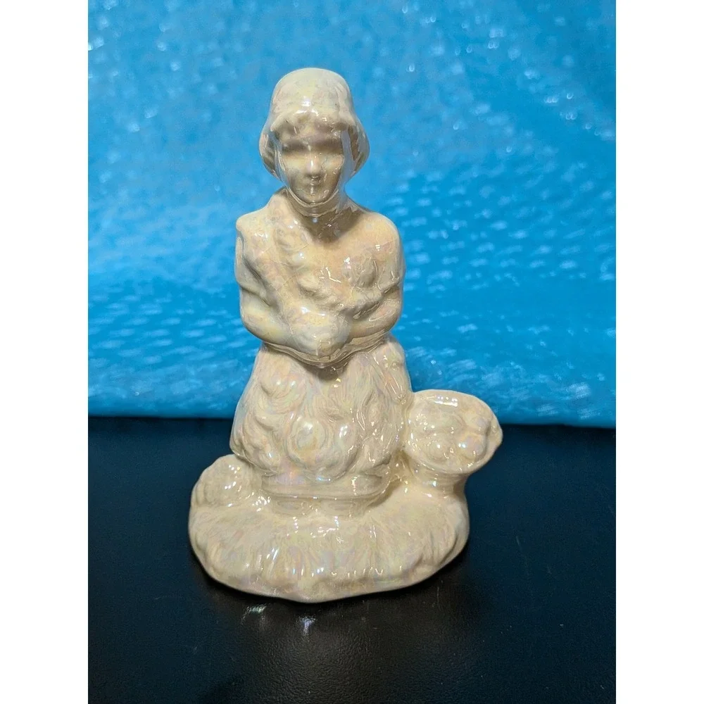 Vintage Holland Mold Iridescent White Nativity Figurine Shepherd w Lamb Standing